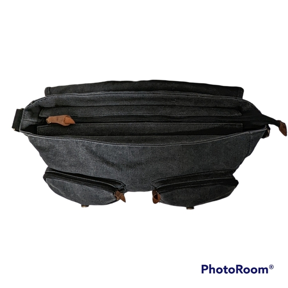 Protege Travel Gear Messenger Bag Canvas Multi Pockets Leather Pulls Gray - Picture 3 of 16